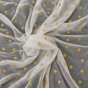 Saad Salman | Silk Fabric Manufacturer & Wholesaler White crinkle chiffon fabric with small filled golden zari round bootis
