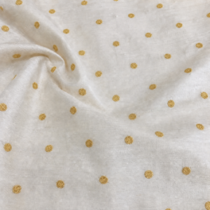Saad Salman | Silk Fabric Manufacturer & Wholesaler White raw silk fabric with small filled golden zari round bootis