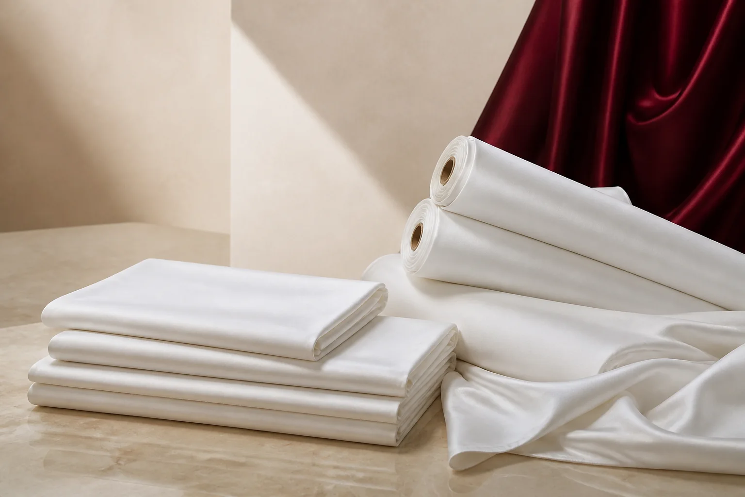 Saad Salman | Silk Fabric Manufacturer & Wholesaler Premium white silk fabrics displayed with a deep red silk accent